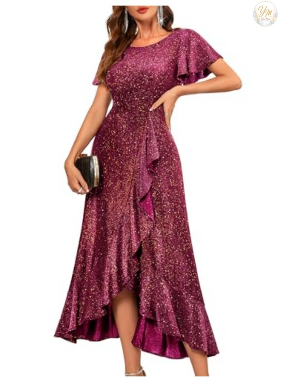 Sequin Formal Dress High Low Ruffle Flutter Sleeve